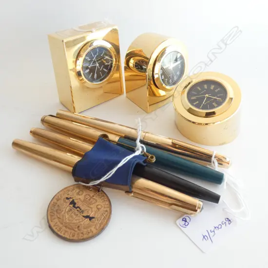 LOT ROYAL VISIT 53/54 MEDAL/4 FOUNTAIN PENS + 3 DESK CLOCKS