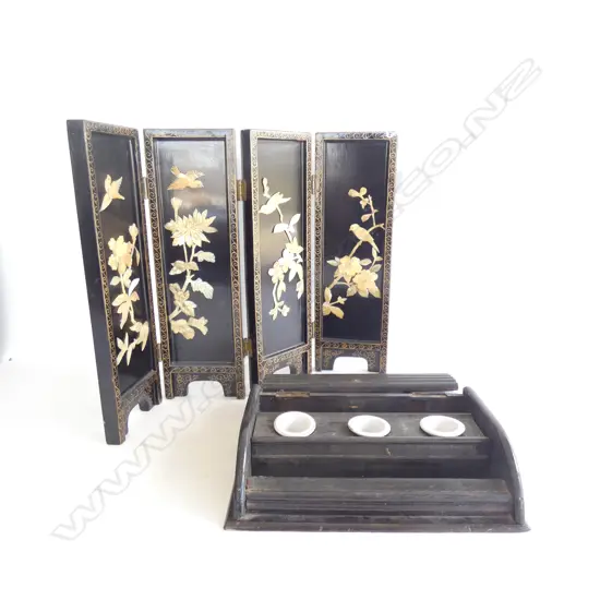 WOODEN DESKTOP INK SET + 4 PANEL ORIENTAL SCREEN H.355mm