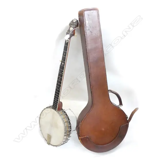HEAVY LEATHER CASED, LATE 19thC 5-STRING BANJO WITH CHROME RESONATOR BACK