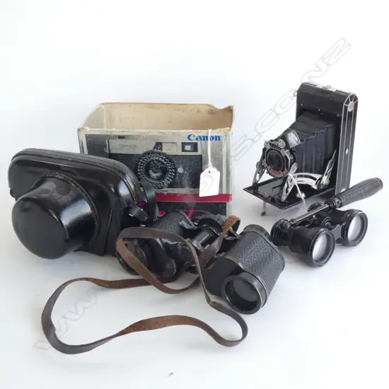 OLD KODAK FOLDING CAMERA / CANON CAMERA / OPERA GLASSES W EXT HANDLE & SM BINOCULARS