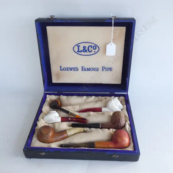 6 PIPES IN LOEWES DISPLAY CASE; 3 MEERSCHAUM ETC
