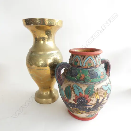 LARGE BRASS VASE H.350mm + JAPANESE POTTERY VASE