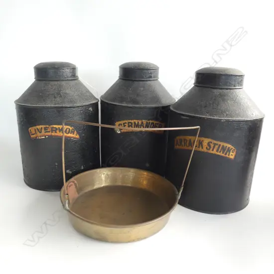 3 OLD BLACK PAINTED TIN PHARMACEUTICAL CONTAINERS + COPPER BASE H.310mm...