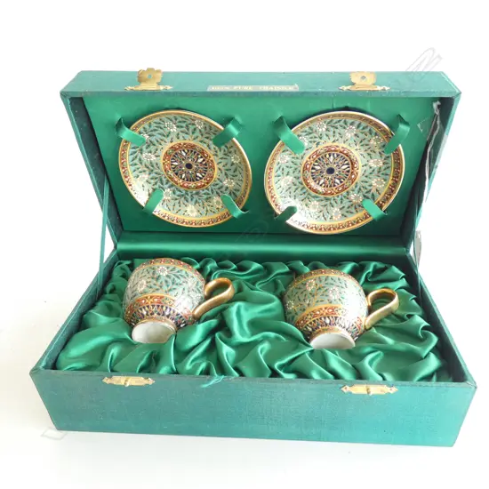 PR THAI HAND PAINTED 18K DEMI CUPS & SAUCERS - IN SILK BOX