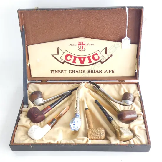 8 VINTAGE PIPES IN CIVIC DISPLAY CASE; MEERSCHAUM, BRASS ETC