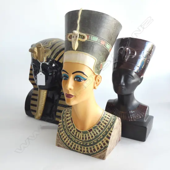 3 EGYPTIAN BUSTS; NEFERTITI ETC H.340mm