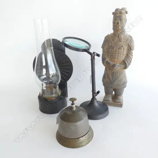 TERRACOTTA WARRIOR H.350mm, MAGNIFYING GLASS ON STAND, BELL & LANTERN 