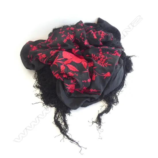 HAND EMBROIDERED BLACK SHAWL w. RED FLOWERS & FRINGE  