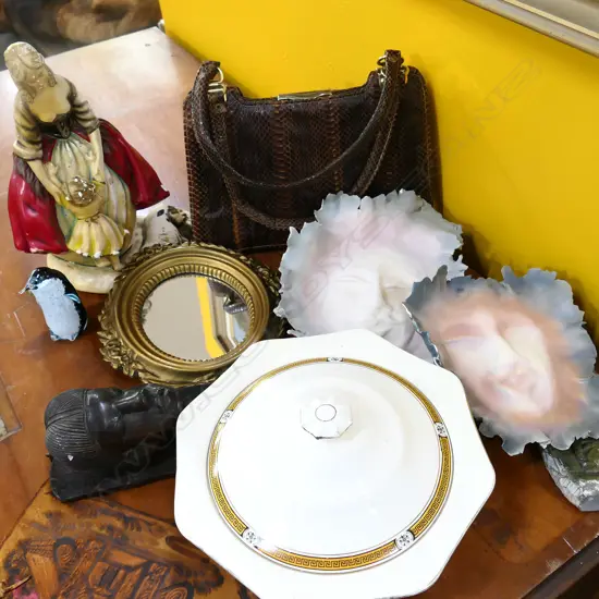 BOX LOT VINTAGE CROCODILE HANDBAG, PLASTER FEMALE FIGURE