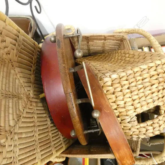 CANE BASKET + ASST. CONTENTS; TRAYS, MIRROR, SYPHON ETC