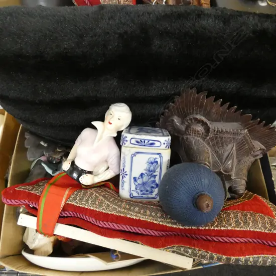 BOX LOT CUSHIONS, BALINESE CARVINGS, CHINA ETC