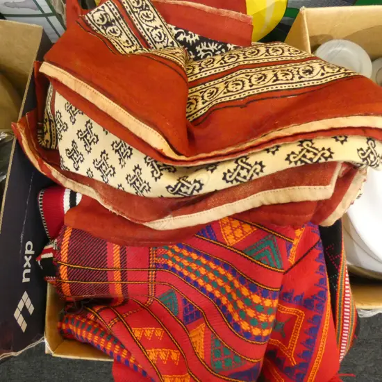 BOX LOT ETHNIC FABRICS, PLATES ETC