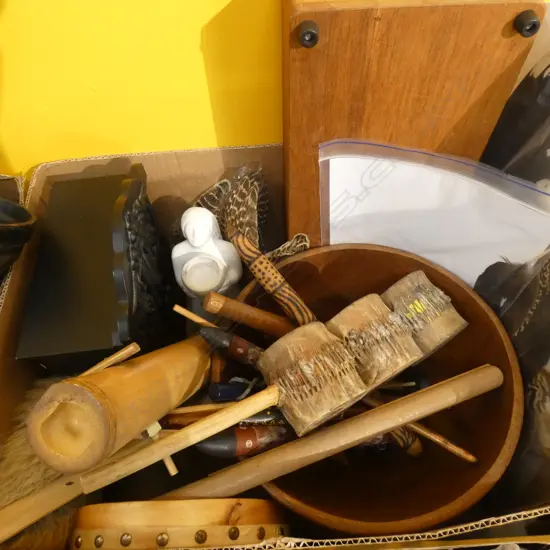 BOX LOT TRIBAL INSTRUMENTS, FEATHERS ETC