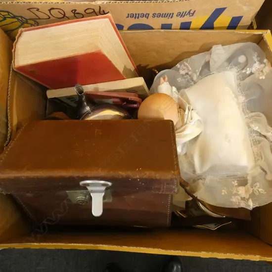 BOX LOT BABY DOLL, BOOKS, EP, CHINA, OLD CAMERA ETC