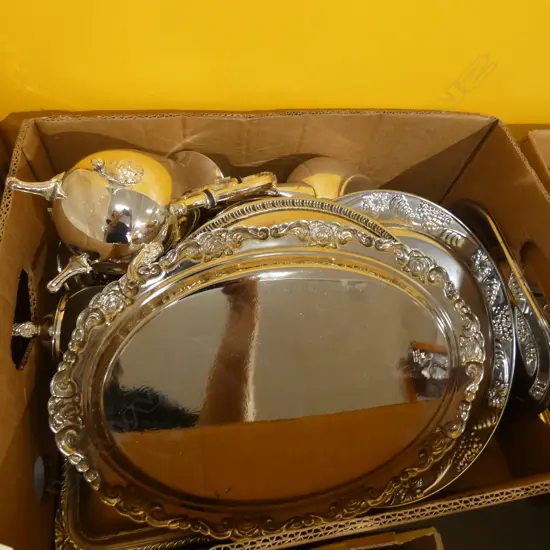 LG BOX LOT ASST SILVERPLATE; TEAPOT / TRAYS/ COASTERS/ CANDLE HOLDERS ETC..