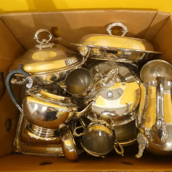 LG BOX LOT OF SILVERPLATE; SERVING DISHES/ TEAPOT / LADLE
