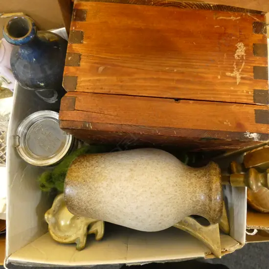 BOX LOT WOODEN BOX, CERAMICS, FIRE TOOLS & DOGS ETC