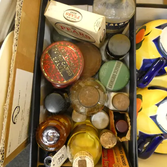 BOX OF OLD PHARMACEUTICAL BOTTLES