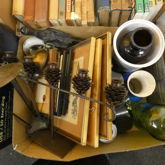 BOX LOT PRINTS, BOTTLES, VASES, CANDLE HOLDER ETC