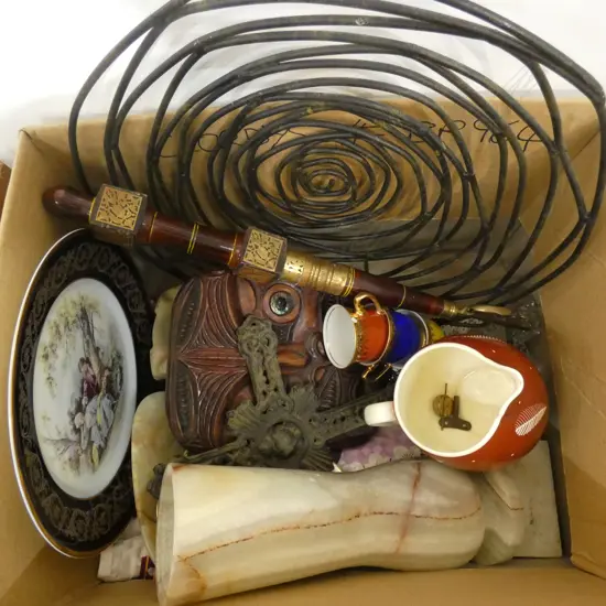 BOX LOT CARVED WOODEN MAORI FACE, ALABASTER PCES, CHINA, BEADED SHAWLS ETC