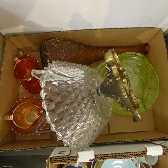 BOX ASST OLD COLOURED GLASS; JUGS / GENIE BOTTLE  ETC,