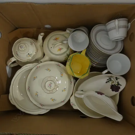 GOOD BOX LOT ASST VINTAGE CHINA INCL. TEAPOTS ETC.