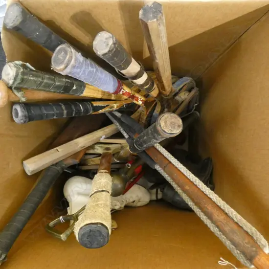 BOX OLD SPORTING EQUIP; TENNIS RACQUETS / ICE SKATES ETC..