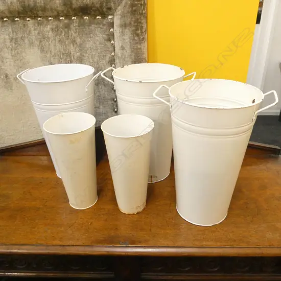 5 VINTAGE WHITE ENAMEL BUCKETS H.375mm