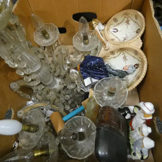 BOX LOT CRYSTAL CHANDELIER A/F + CHINA