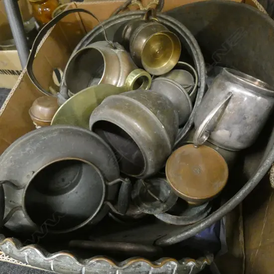 ASST COPPER + BRASS PANS/CAST IRON ETC