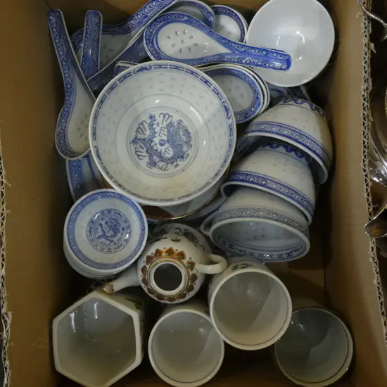 BOX ORIENTAL CHINA; PLATES / CUPS / SPOONS ETC..