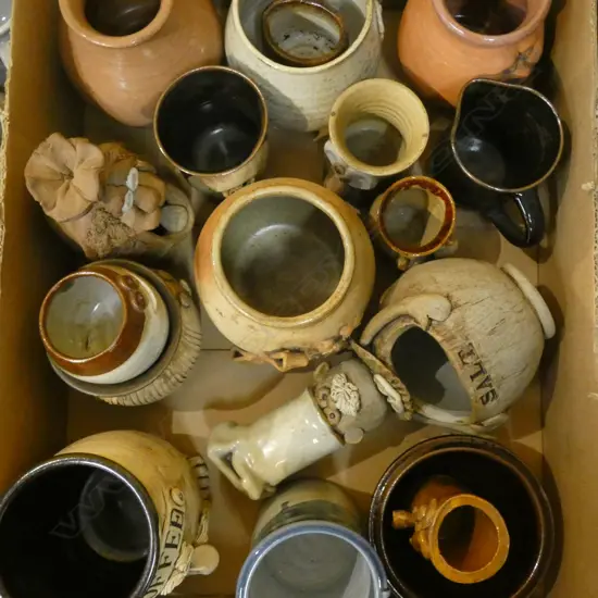 BOX LOT ASST. STUDIO CERAMIC SALTS, VASES ETC 