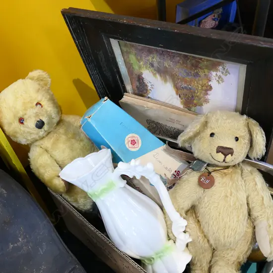BOX LOT TEDDIES, BOXED UKULELE, TIN CARS ETC