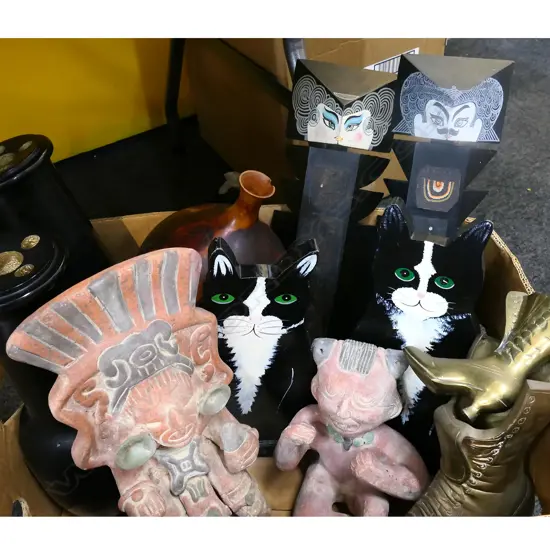BOX LOT INCL. PAINTED WOODEN CAT DOOR STOPS- two South American painted terracotta figures; two brass shoes - one large