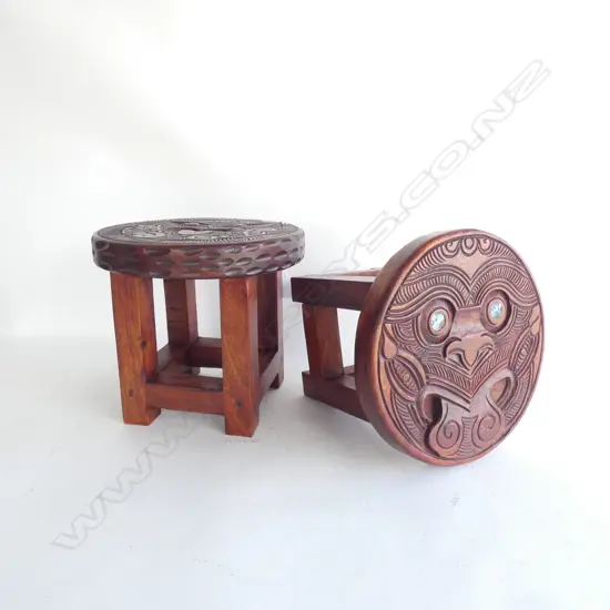 PR CARVED WOODEN MAORI STOOLS 275mm dia