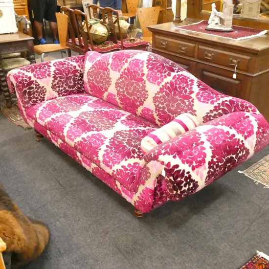 PINK VELVET UPHOLSTERED ROLL ARM CAMEL BACK SOFA L.2200mm