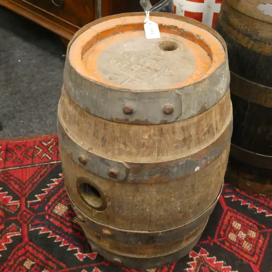 OLD WOODEN & METAL KEG - MARKED NZB AUCKLAND H. 410MM