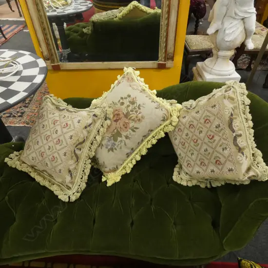 3 TASSELED NEEDLE WORK CUSHIONS