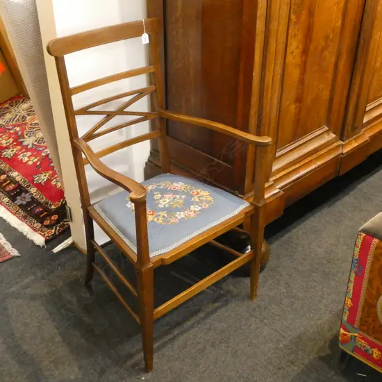 EDWARDIAN SHERATON REVIVAL ARMCHAIR - TAPESTRY SEAT