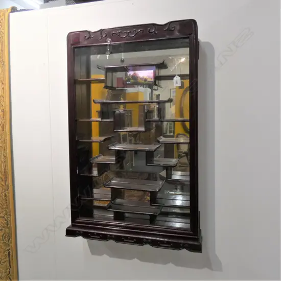 DARK WOOD & GLASS ORIENTAL WALL DISPLAY CABINET w KEY 505 95 X 815MM