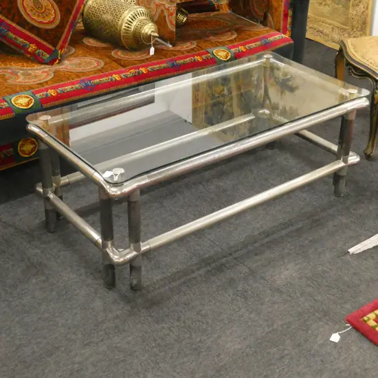 VINTAGE DESIGNER STEEL & GLASS INDUSTRIAL STYLE COFFEE TABLE...