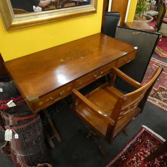 TEAK AND BRASS INLAID CAMPAIGN STYLE DESK & CHAIR...