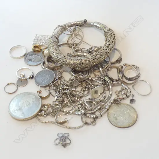 BAG ASST MAINLY SILVER JEWELLERY + COINS ETC 208 gms