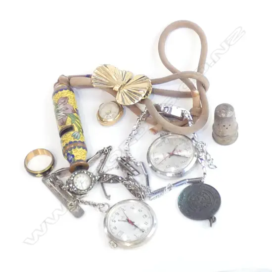 2 MARCASITE WATCHES, 2 NURSES WATCHES, CLOISONNE WHISTLE ETC