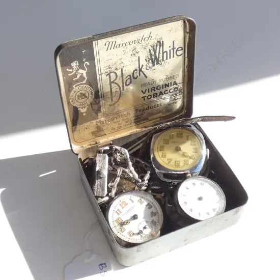 TIN OF 5 POCKET WATCHES + MACASITE WATCH 