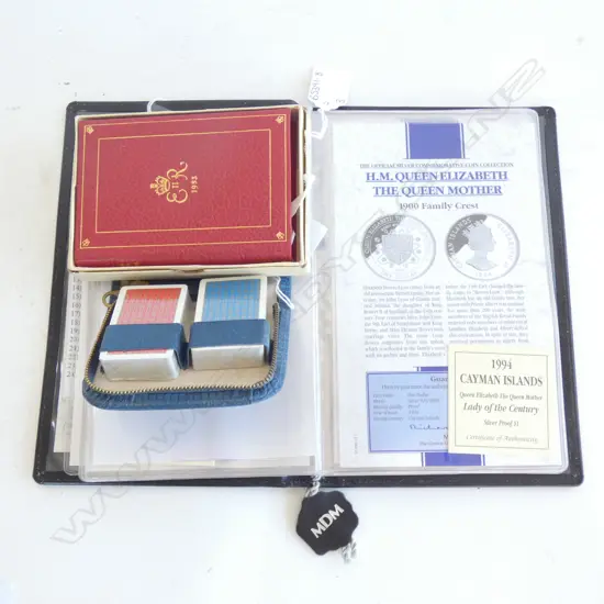 1953 CORONATION PRAYER BOOK (IN ORIGINAL BOX) / CROWN COLLECTION COIN BOOK & OLD CASED MINIATURE PLAYING CARDS 