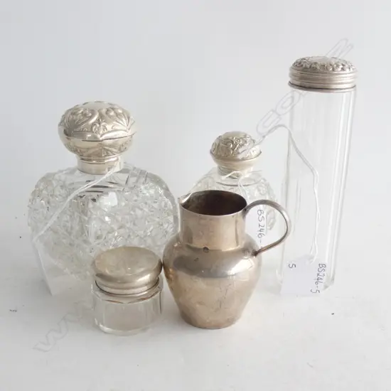 STG SILVER & GLASS DRESSING TABLE JARS INCL 2 SCENT BOTTLES + SM STG MILK JUG H. 75MM
