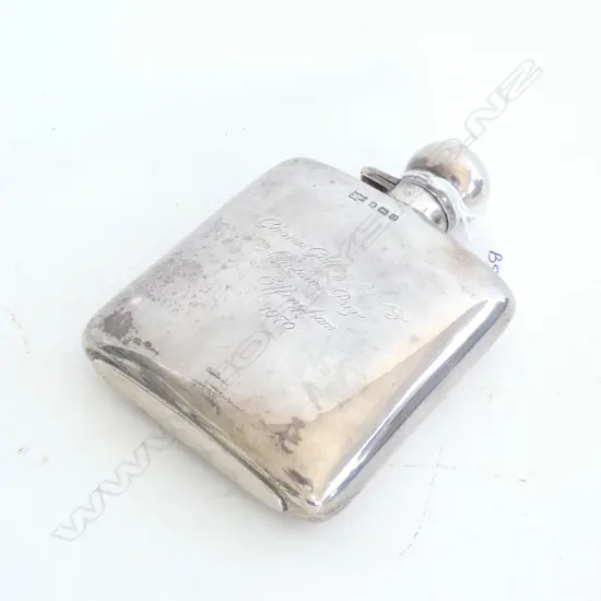 STG SILVER HIP FLASK - ENGRAVED. BIRMINGHAM 1944 128GMS 