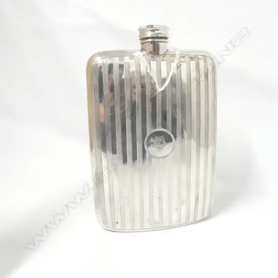 LG OLD STEWART DAWSON SILVER PLATE ENGRAVED HIP FLASK H. 205MM