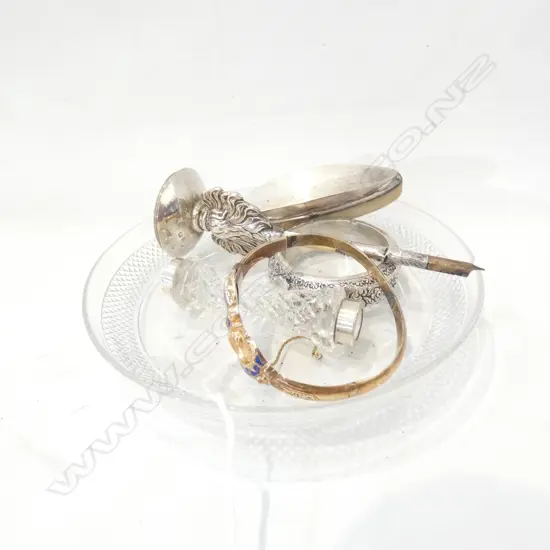 GLASS DISH W STG SILVER NAPKIN RING ETC & GOLD BRACELET  - ALL A/F